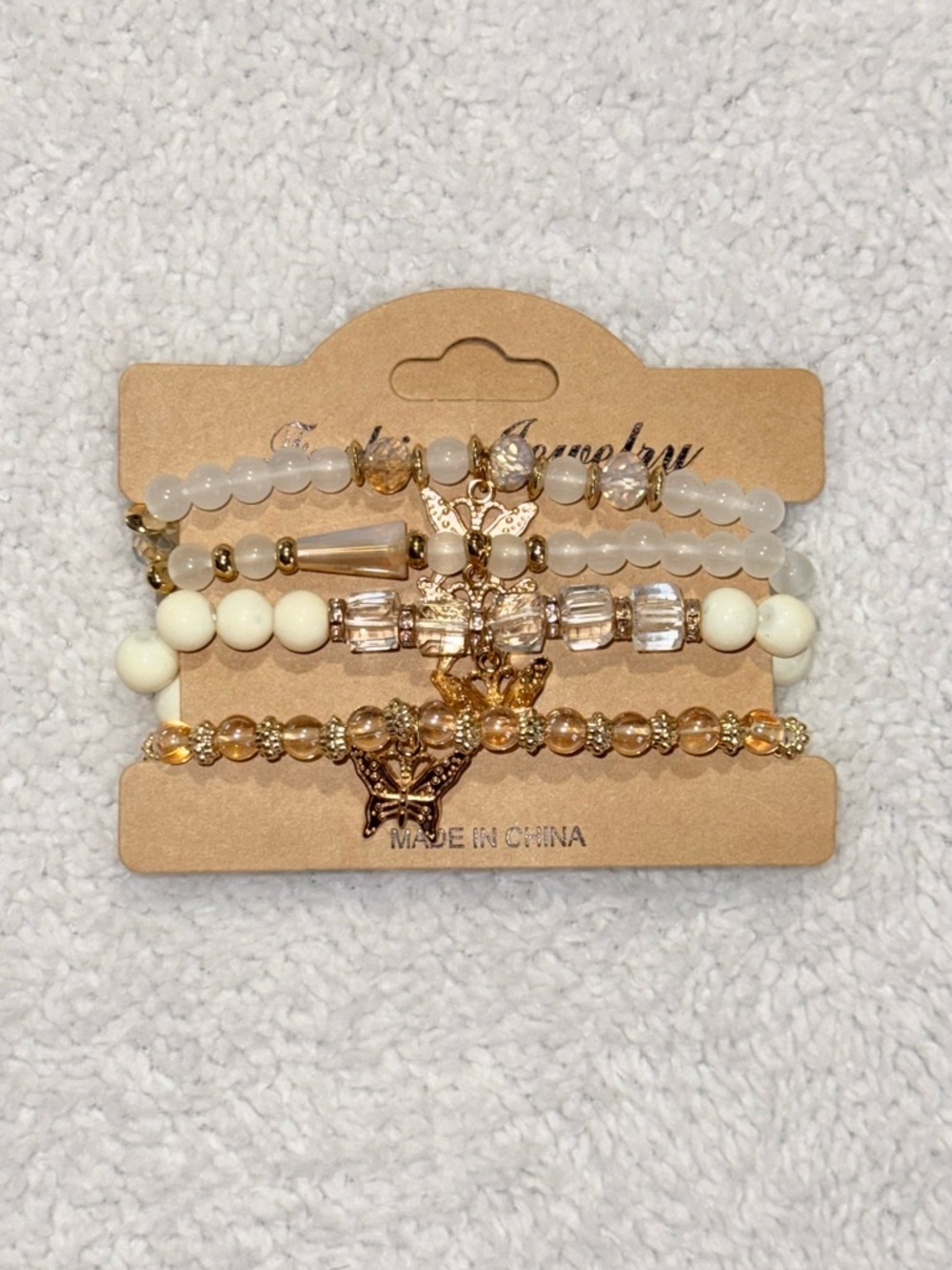Boho Gold Butterfly Charm Beaded Bracelet Set Stack Cream Amber 4PC Stretch New - Picture 2 of 12
